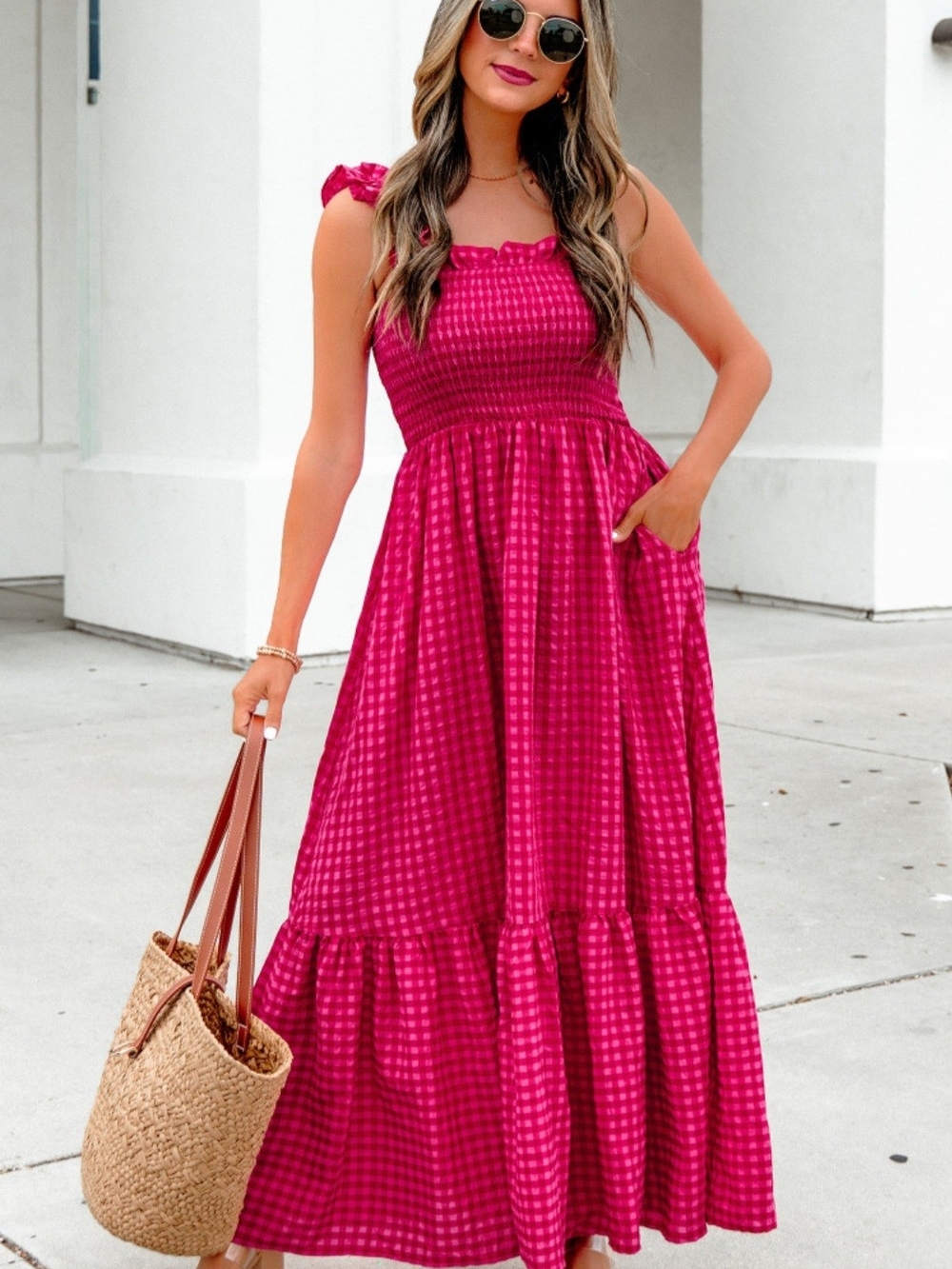 Women’s Fuchsia Gingham Smocked Maxi Dress